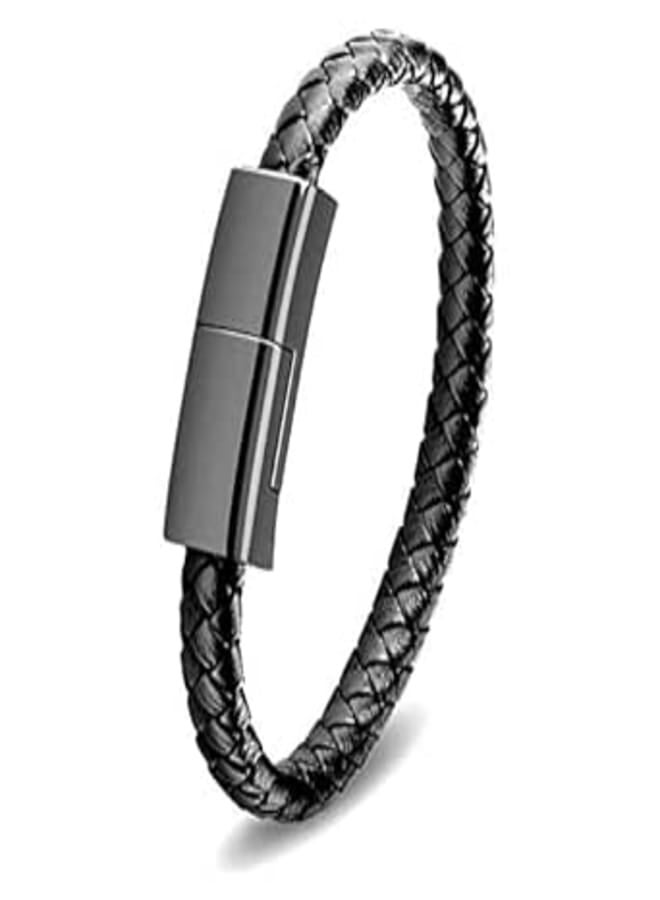 USB C to USB C Short Charging Cable Portable Fashion Bracelet Charger Personality Braided Leather Wrist Data Transfer Cord 7.87in Emergency Backup Cable for Huawei Samsung LG Android